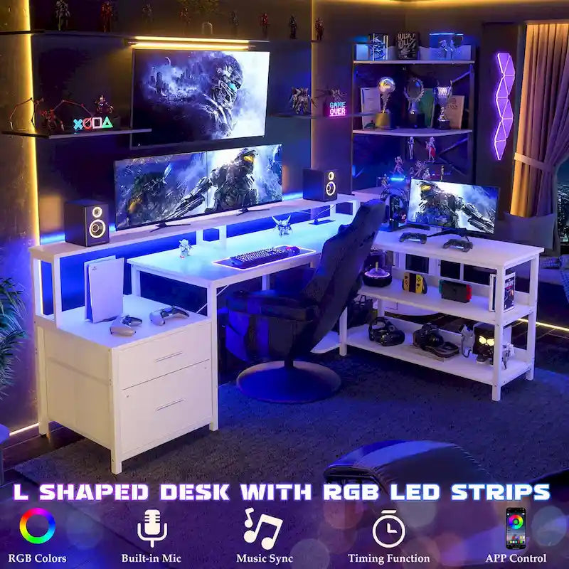 Bureau d'angle avec étagère pour écran, tiroirs de rangement, station de charge et lumières LED RGB, Chêne gris