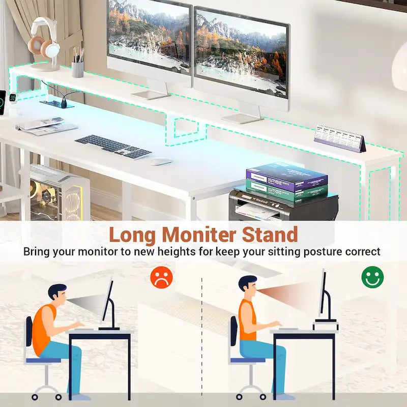 Bureau d'angle avec étagère pour écran, tiroirs de rangement, station de charge et lumières LED RGB, Chêne gris