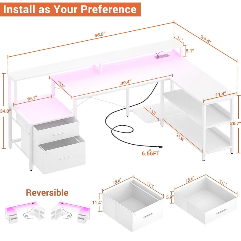 Bureau d'angle avec étagère pour écran, tiroirs de rangement, station de charge et lumières LED RGB, Chêne gris