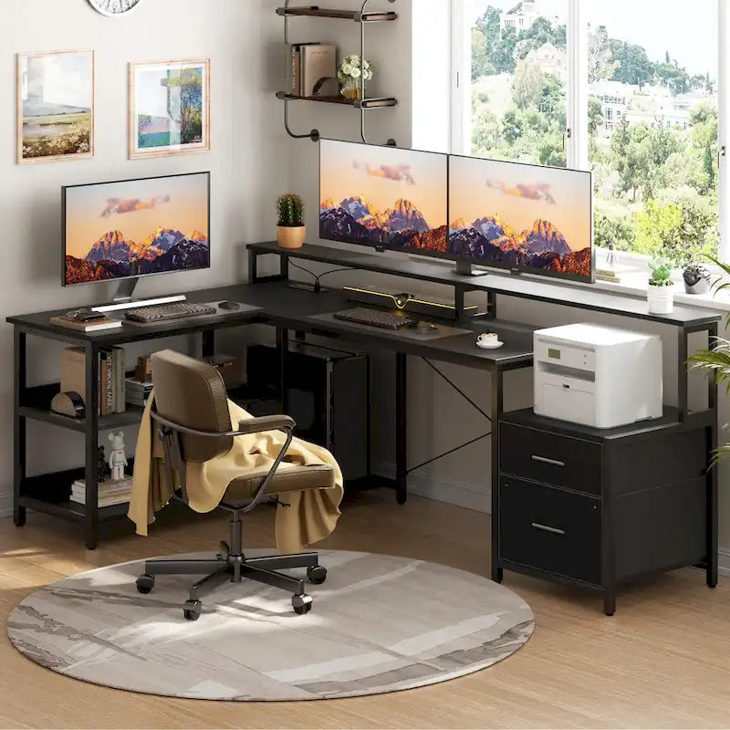 Bureau d'angle avec étagère pour écran, tiroirs de rangement, station de charge et lumières LED RGB, Chêne gris