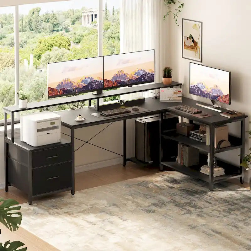 Bureau d'angle avec étagère pour écran, tiroirs de rangement, station de charge et lumières LED RGB, Chêne gris