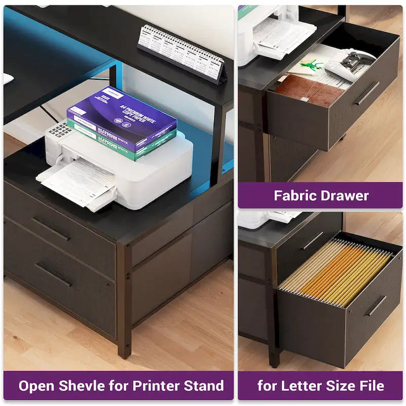 Bureau d'angle avec étagère pour écran, tiroirs de rangement, station de charge et lumières LED RGB, Chêne gris