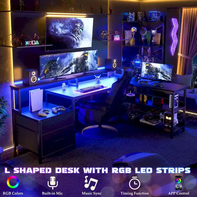 Bureau d'angle avec étagère pour écran, tiroirs de rangement, station de charge et lumières LED RGB, Chêne gris