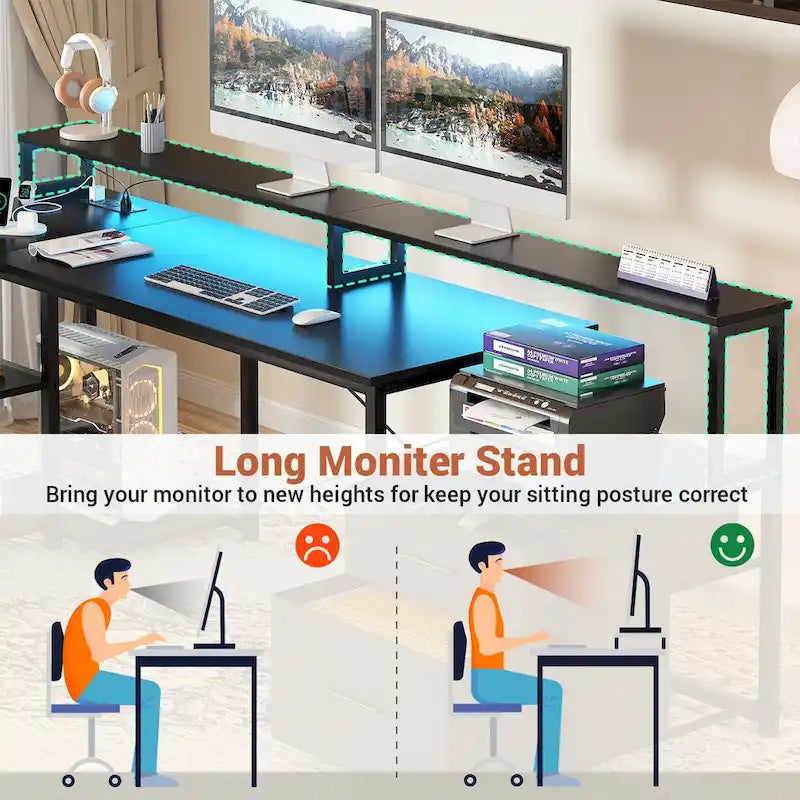 Bureau d'angle avec étagère pour écran, tiroirs de rangement, station de charge et lumières LED RGB, Chêne gris