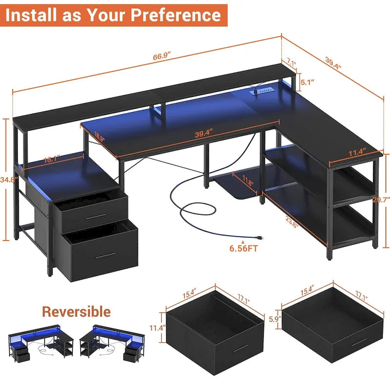 Bureau d'angle avec étagère pour écran, tiroirs de rangement, station de charge et lumières LED RGB, Chêne gris