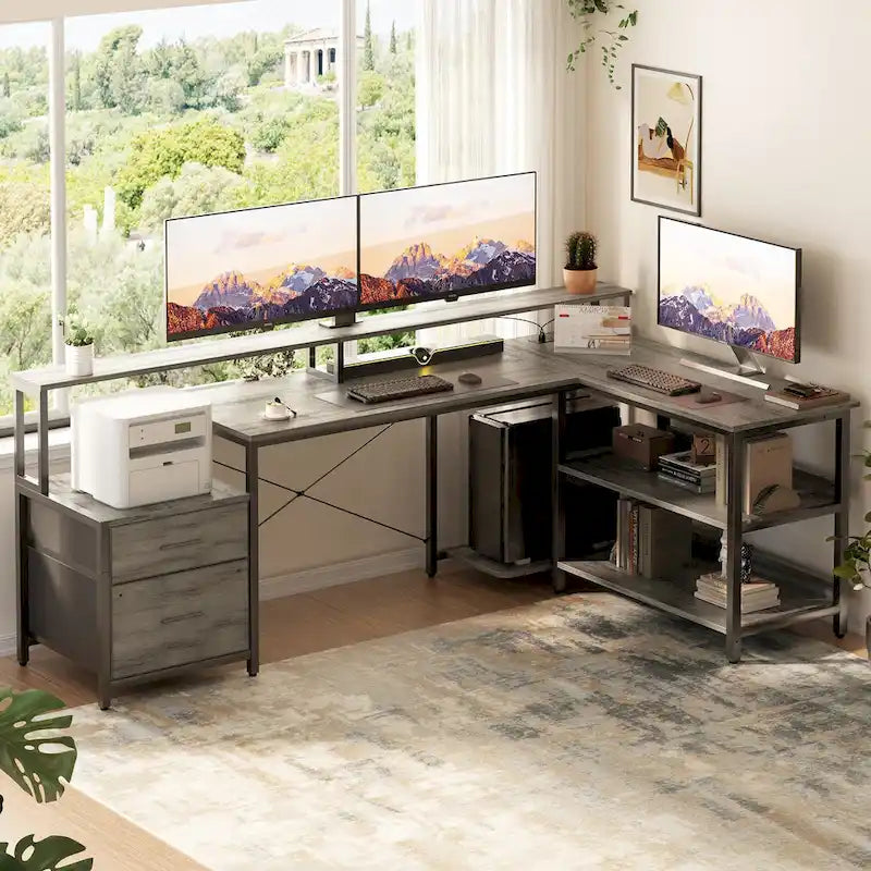 Bureau d'angle avec étagère pour écran, tiroirs de rangement, station de charge et lumières LED RGB, Chêne gris