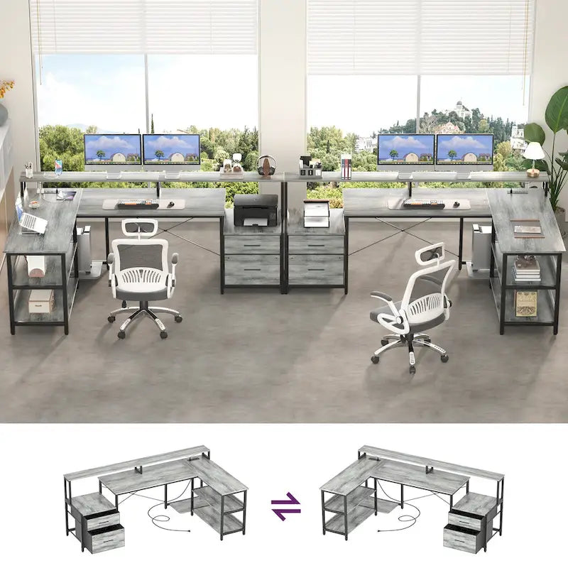 Bureau d'angle avec étagère pour écran, tiroirs de rangement, station de charge et lumières LED RGB, Chêne gris