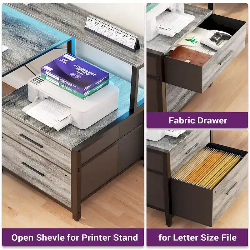Bureau d'angle avec étagère pour écran, tiroirs de rangement, station de charge et lumières LED RGB, Chêne gris