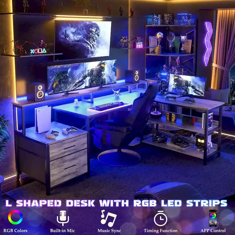 Bureau d'angle avec étagère pour écran, tiroirs de rangement, station de charge et lumières LED RGB, Chêne gris