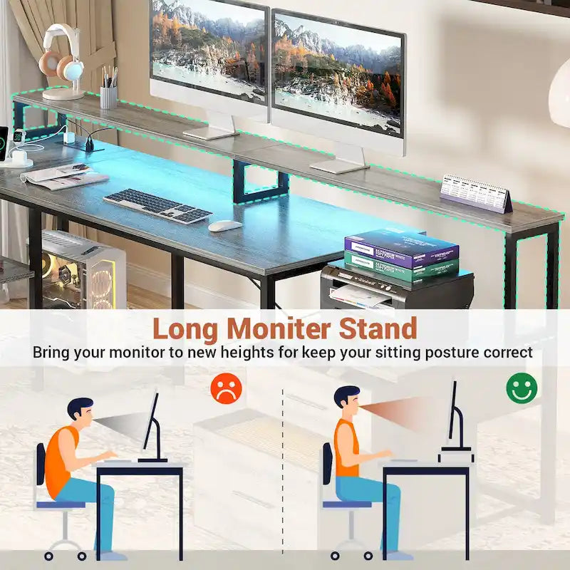Bureau d'angle avec étagère pour écran, tiroirs de rangement, station de charge et lumières LED RGB, Chêne gris