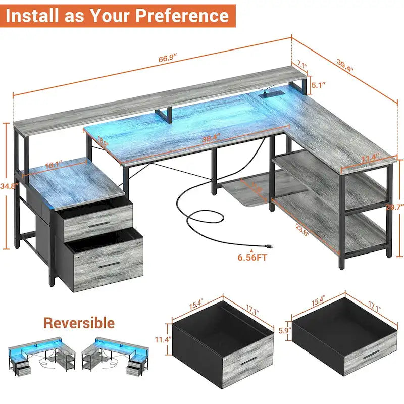 Bureau d'angle avec étagère pour écran, tiroirs de rangement, station de charge et lumières LED RGB, Chêne gris