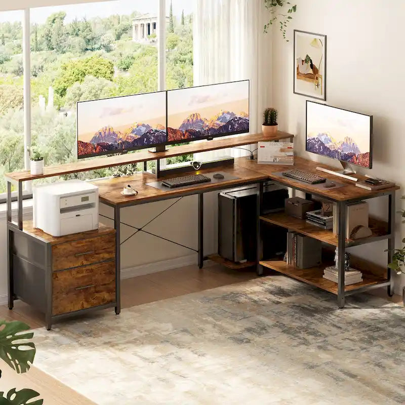 Bureau d'angle avec étagère pour écran, tiroirs de rangement, station de charge et lumières LED RGB, Chêne gris