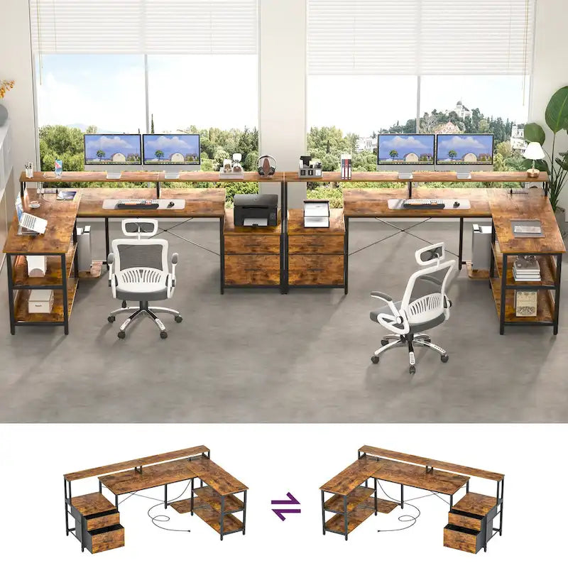 Bureau d'angle avec étagère pour écran, tiroirs de rangement, station de charge et lumières LED RGB, Chêne gris