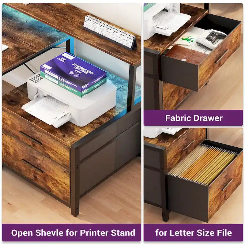 Bureau d'angle avec étagère pour écran, tiroirs de rangement, station de charge et lumières LED RGB, Chêne gris