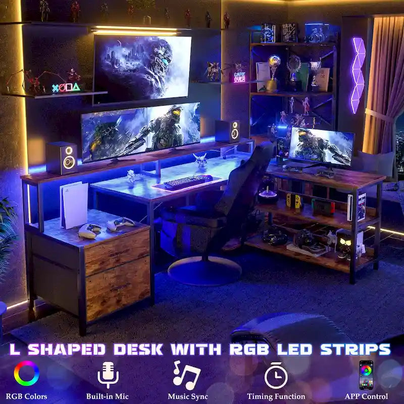 Bureau d'angle avec étagère pour écran, tiroirs de rangement, station de charge et lumières LED RGB, Chêne gris