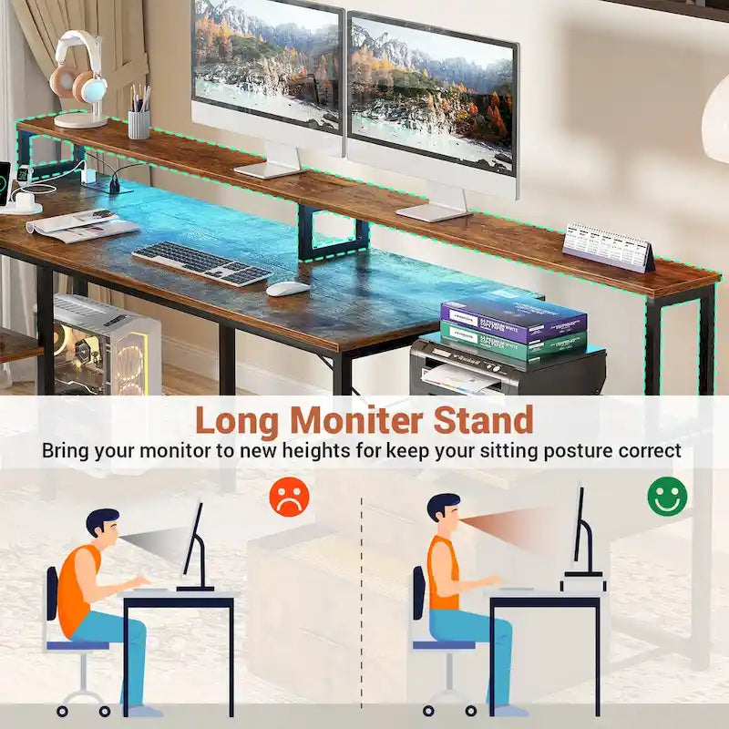 Bureau d'angle avec étagère pour écran, tiroirs de rangement, station de charge et lumières LED RGB, Chêne gris