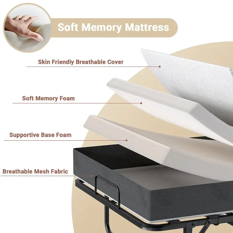 Lit d'appoint pliant avec matelas en mousse à mémoire de forme et roulettes, noir