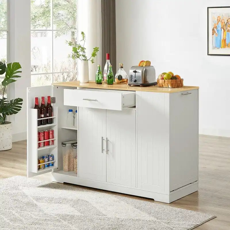 Meuble îlot de cuisine de 53 pouces avec tiroir et poubelle intégrée Blanc