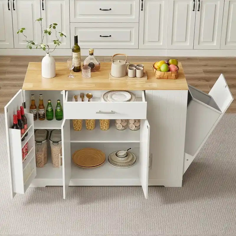 Meuble îlot de cuisine de 53 pouces avec tiroir et poubelle intégrée Blanc