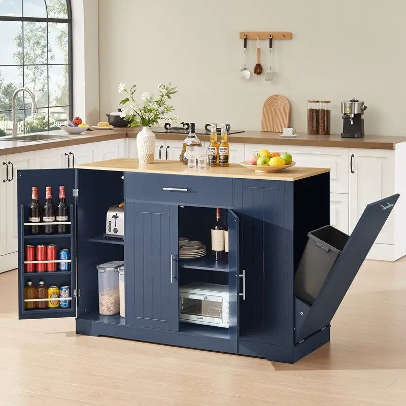 Meuble îlot de cuisine de 53 pouces avec tiroir et poubelle intégrée Blanc