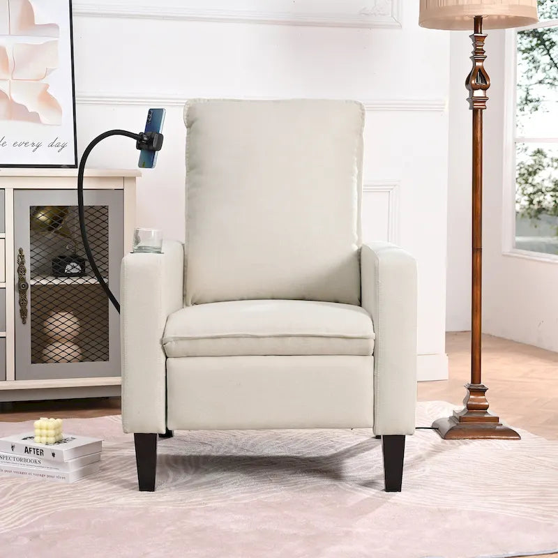 Fauteuil inclinable beige avec porte-téléphone et porte-gobelet