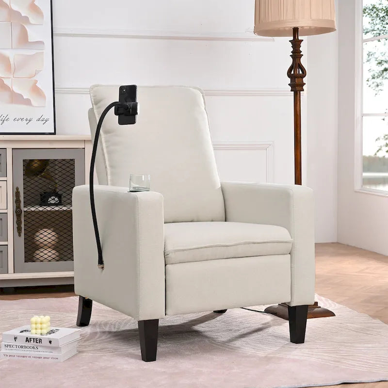 Fauteuil inclinable beige avec porte-téléphone et porte-gobelet
