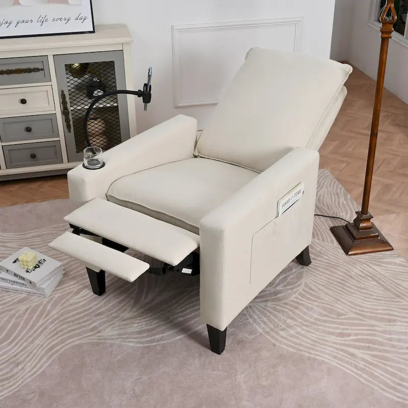 Fauteuil inclinable beige avec porte-téléphone et porte-gobelet