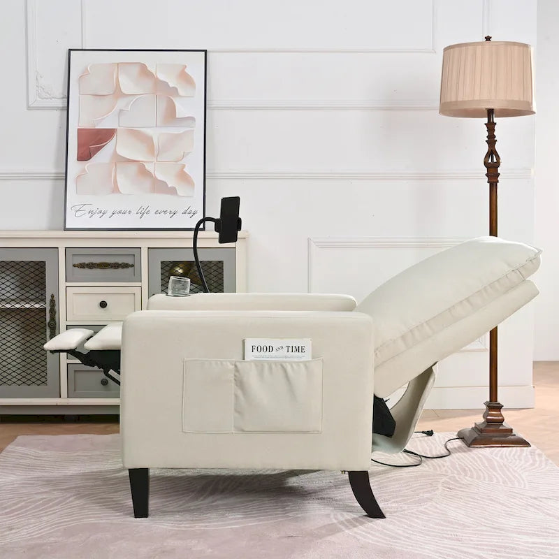Fauteuil inclinable beige avec porte-téléphone et porte-gobelet