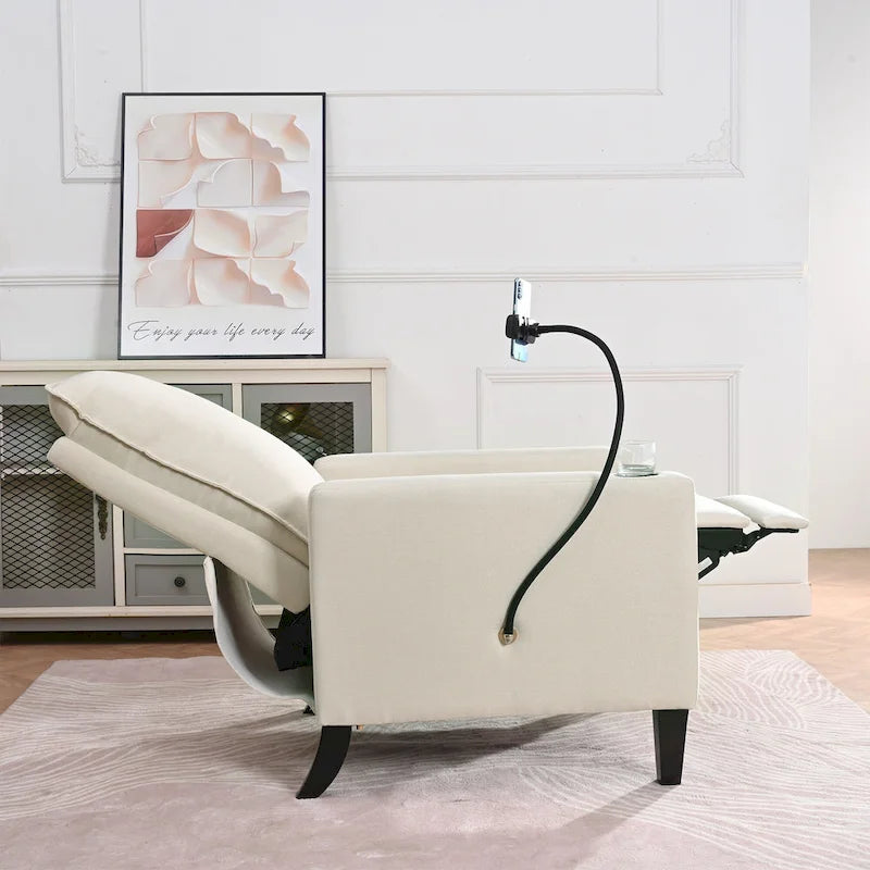 Fauteuil inclinable beige avec porte-téléphone et porte-gobelet
