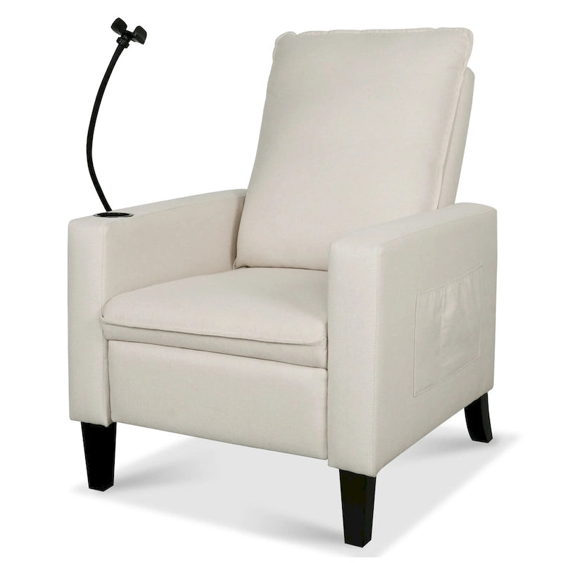 Fauteuil inclinable beige avec porte-téléphone et porte-gobelet