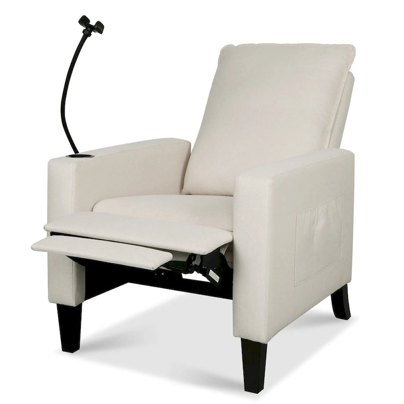 Fauteuil inclinable beige avec porte-téléphone et porte-gobelet
