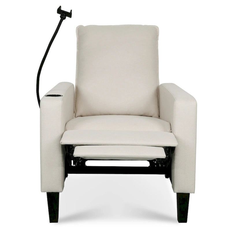 Fauteuil inclinable beige avec porte-téléphone et porte-gobelet