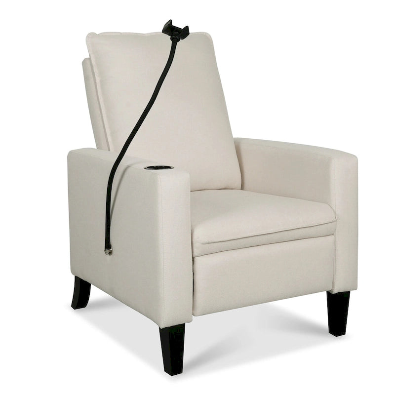 Fauteuil inclinable beige avec porte-téléphone et porte-gobelet