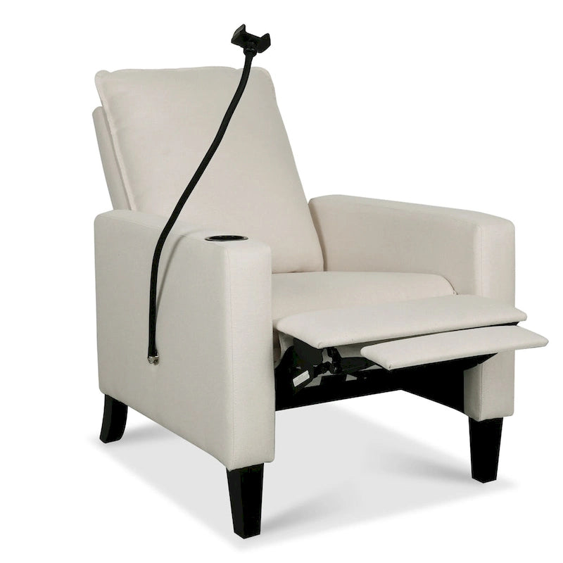 Fauteuil inclinable beige avec porte-téléphone et porte-gobelet