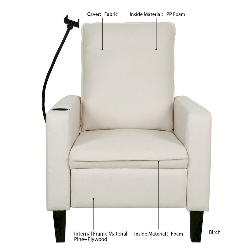 Fauteuil inclinable beige avec porte-téléphone et porte-gobelet