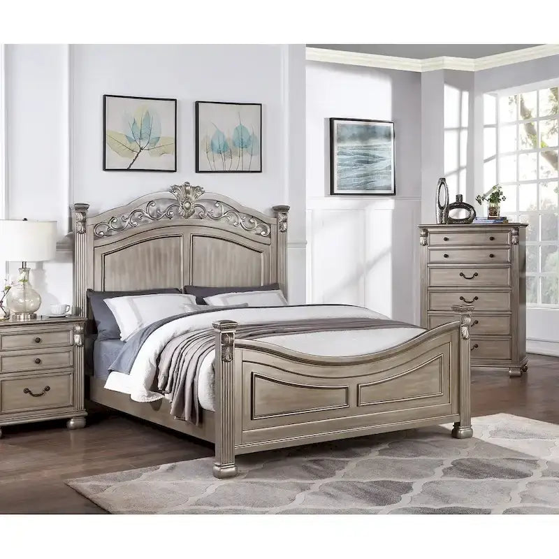 Cadre de lit California King en bois sculpté traditionnel argent antique