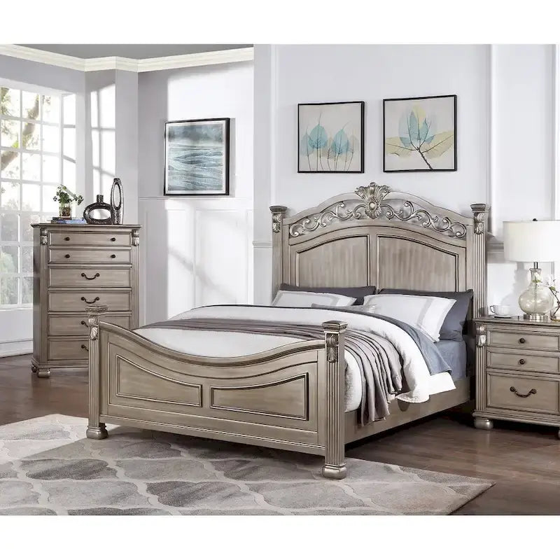 Cadre de lit California King en bois sculpté traditionnel argent antique