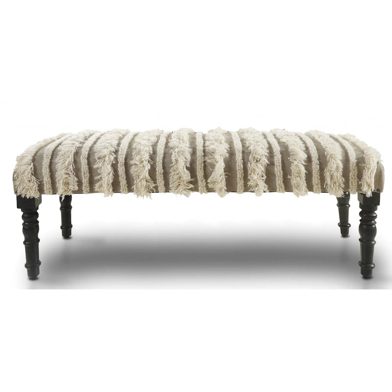 Banc de chambre en coton crème rembourré avec clous décoratifs rayés et pieds noirs