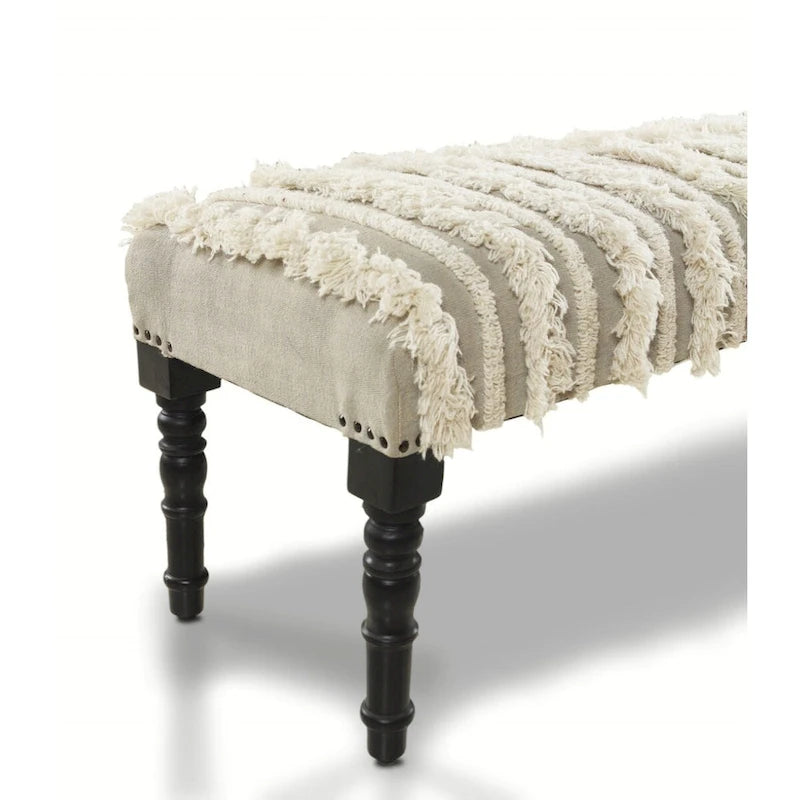 Banc de chambre en coton crème rembourré avec clous décoratifs rayés et pieds noirs