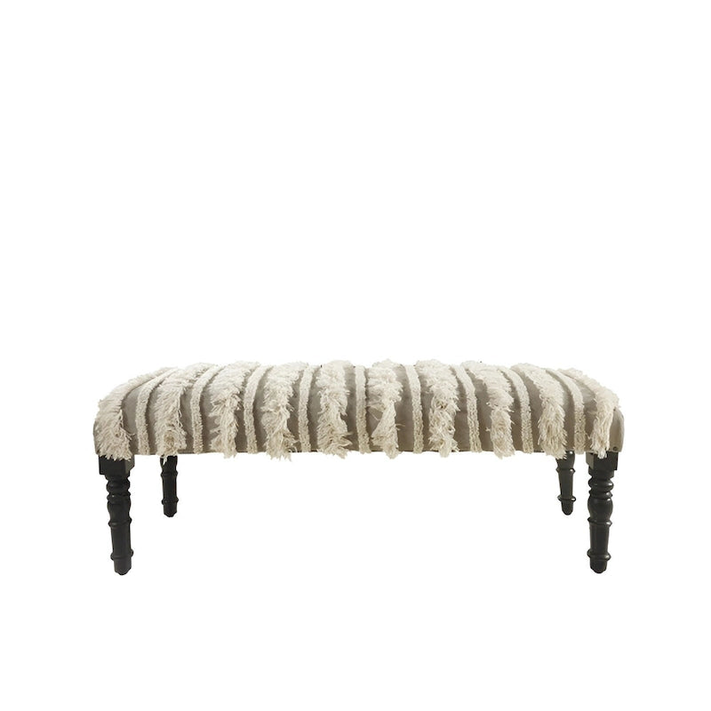 Banc de chambre en coton crème rembourré avec clous décoratifs rayés et pieds noirs