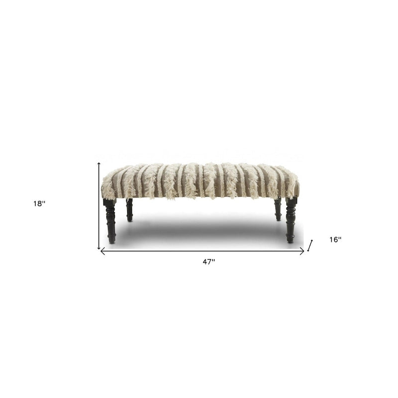 Banc de chambre en coton crème rembourré avec clous décoratifs rayés et pieds noirs