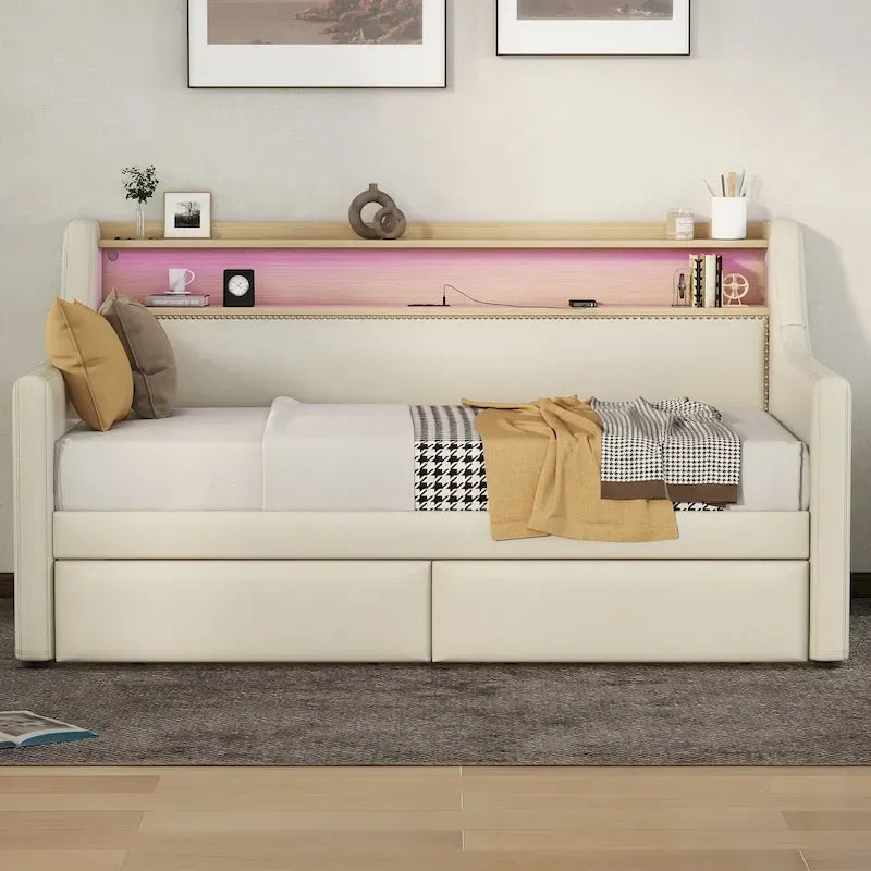 Lit de repos capitonné avec tiroirs de rangement, lumières LED, station de chargement, beige blanc