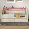 Lit de repos capitonné avec tiroirs de rangement, lumières LED, station de chargement, beige blanc