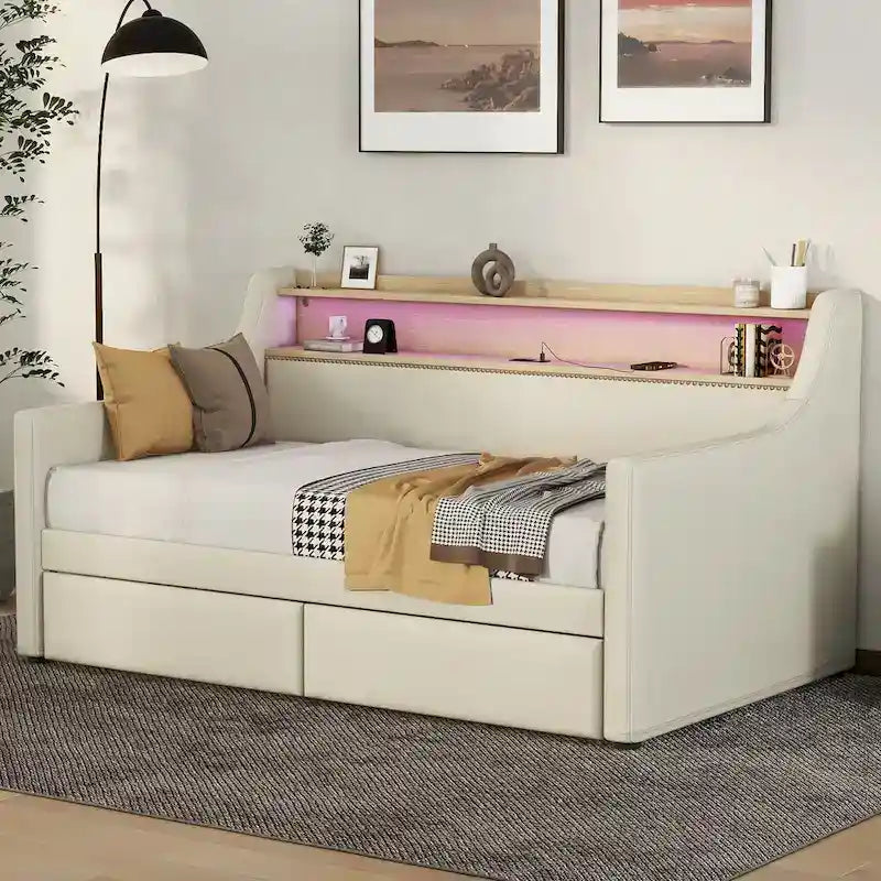 Lit de repos capitonné avec tiroirs de rangement, lumières LED, station de chargement, beige blanc