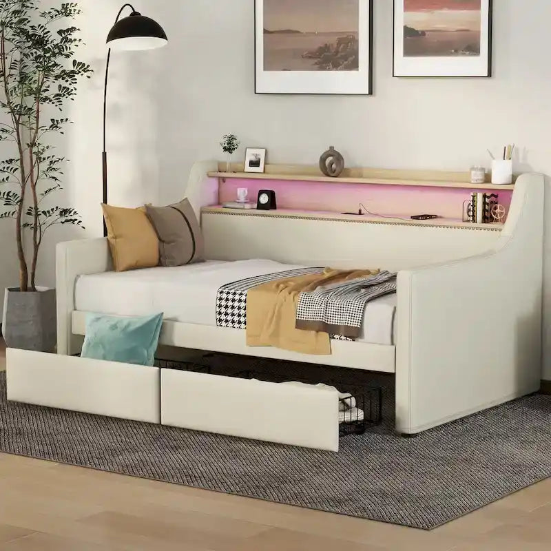Lit de repos capitonné avec tiroirs de rangement, lumières LED, station de chargement, beige blanc