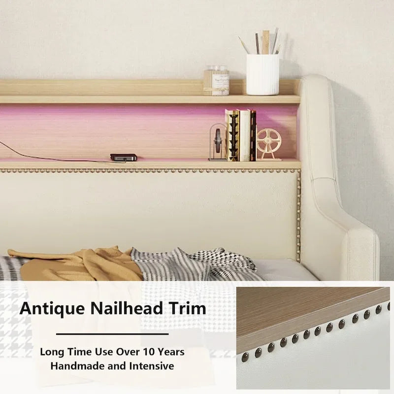 Lit de repos capitonné avec tiroirs de rangement, lumières LED, station de chargement, beige blanc