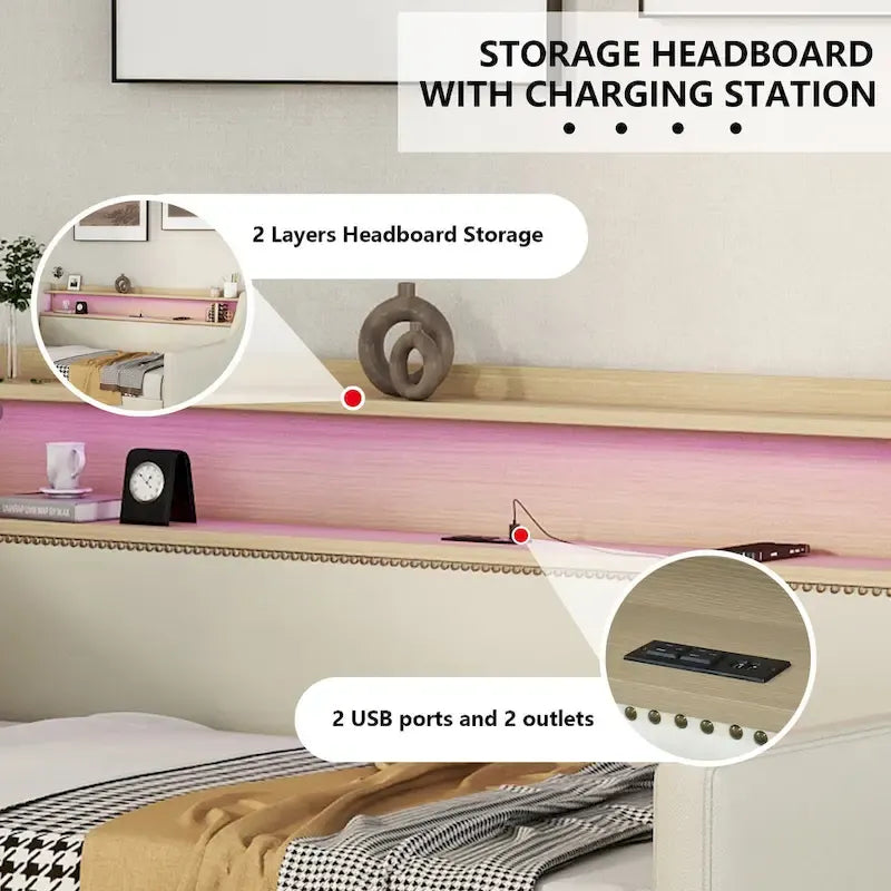 Lit de repos capitonné avec tiroirs de rangement, lumières LED, station de chargement, beige blanc