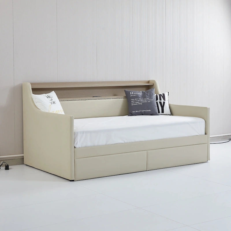 Lit de repos capitonné avec tiroirs de rangement, lumières LED, station de chargement, beige blanc