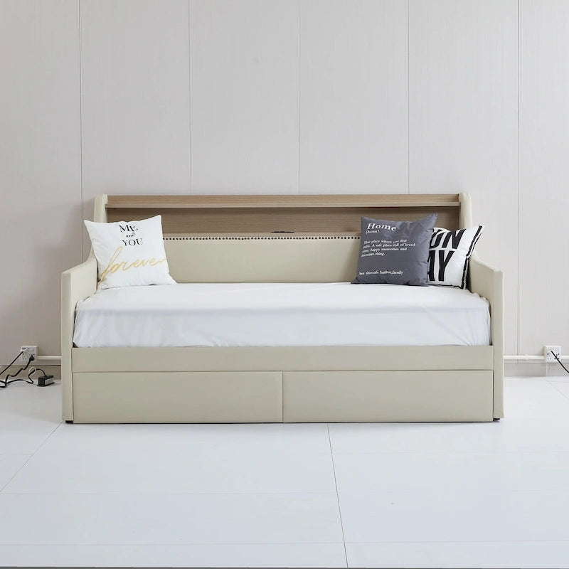 Lit de repos capitonné avec tiroirs de rangement, lumières LED, station de chargement, beige blanc