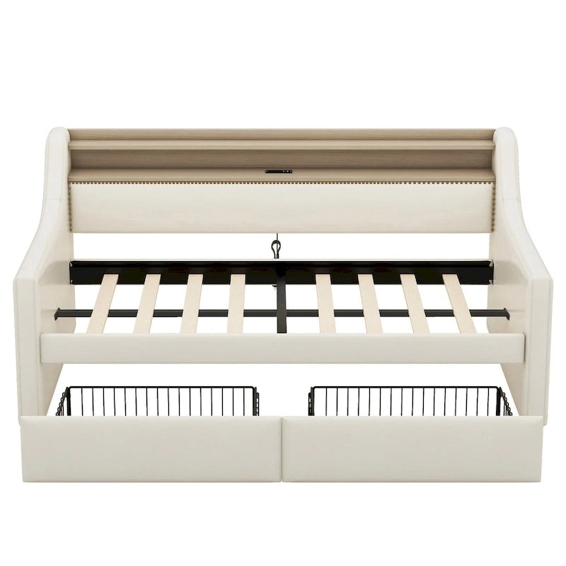 Lit de repos capitonné avec tiroirs de rangement, lumières LED, station de chargement, beige blanc